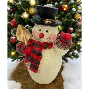 Vintage Snowman Christmas Figurine With Top Hat Striped Scarf and Shovel
